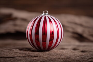 Fototapeta premium Festive red and white striped Christmas bauble on a rustic wooden surface, creating a holiday atmosphere with copy space