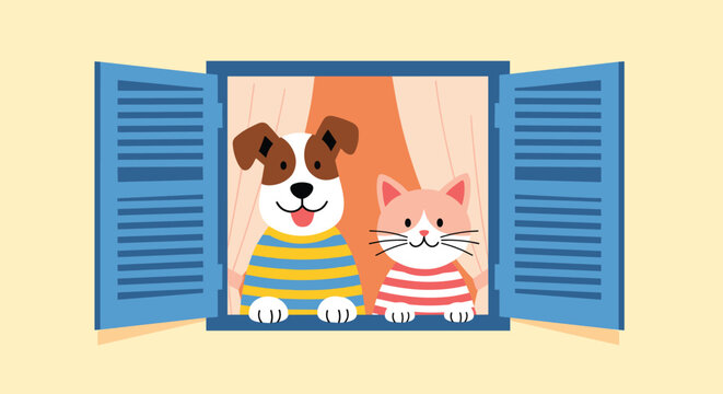 A cute dog and cat wearing striped shirts looking out from an open window with blue shutters against a warm yellow background.