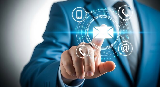 Businessman's finger touches a futuristic interface displaying digital communication icons like email, phone, and mobile, representing global connectivity and customer service solutions.
