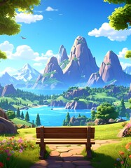 A scenic vista of mountains, a lake, and a bench