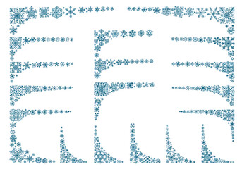 A beautiful collection of winter holiday page corners and borders composed of intricate blue snowflakes on a white background.