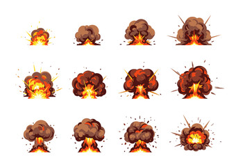 A fiery cartoon explosion animation sequence with twelve frames showing a blast with fire and smoke for game or comic design.
