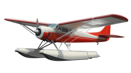 Red and white seaplane with pontoons isolated on a black background on transparent background