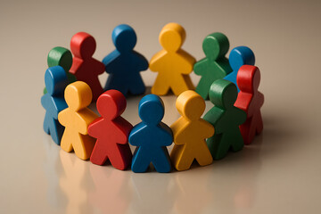 Colorful Wooden People Standing in a Circle Representing Unity and Diversity