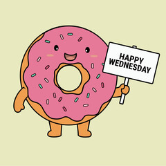 Donut holding sign happy wednesday for social media posts, advertising, greeting cards, newsletters, and digital content targeting midweek positivity.