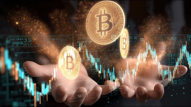 Golden bitcoin tokens floating above digital financial charts