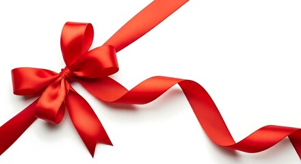 Elegant red satin gift ribbon bow and flowing stream on a clean white background, perfect for festive designs, holiday packaging, and special occasion announcements.