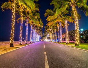 Illuminated palm trees lining a road at night