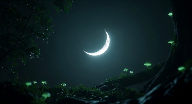 A glowing crescent moon illuminates a mystical forest floor with bioluminescent mushrooms at night.