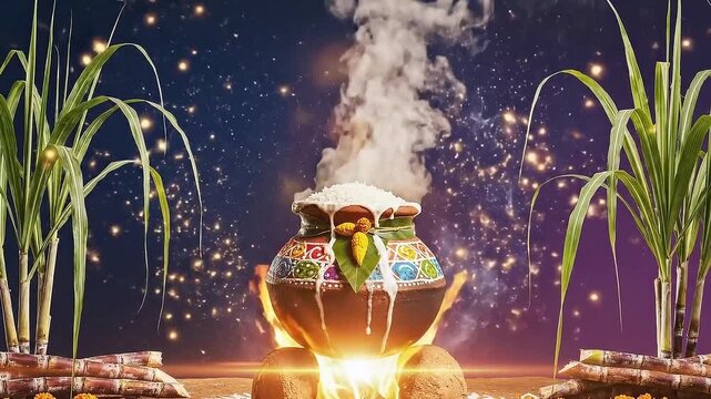 Festival Little India Pongal Celebrations, illuminated Pongal pot with warm fire glow at the bottom