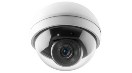 A close up view of a white dome security camera on black background on transparent background
