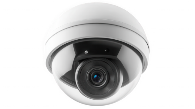 A close up view of a white dome security camera on black background on transparent background