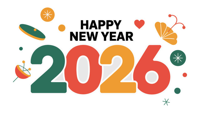 Happy New Year 2026 Celebration: A vibrant and colorful design wishing everyone a joyous Happy New Year, with festive elements.