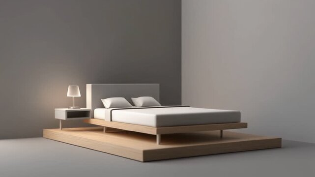 Minimalist bedroom interior with a sleek bed and modern lamp. Perfect for decorating, interior design concepts, and minimalist lifestyle blogs.