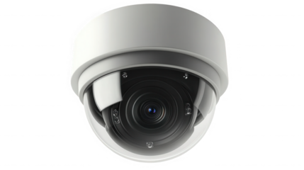 A close up of a white dome security camera on a black background on transparent background