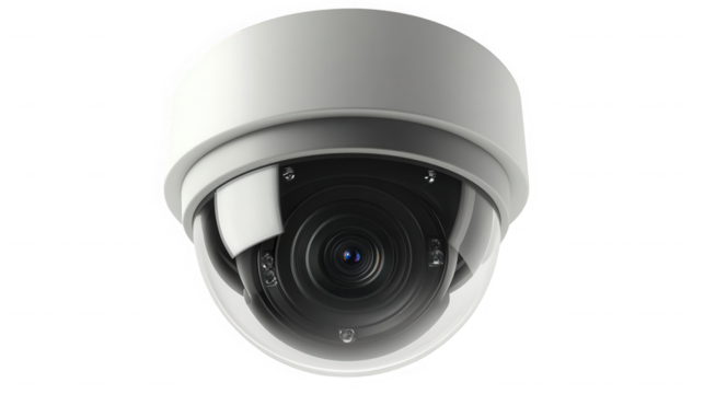 A close up of a white dome security camera on a black background on transparent background