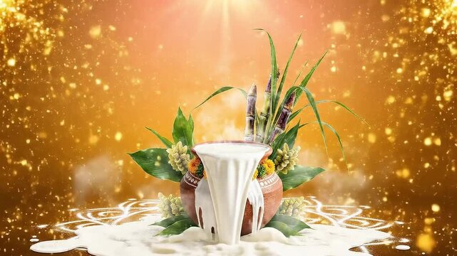 Festival Little India Pongal Celebrations, warm gold-to-orange gradient wallpaper, traditional Pongal pot with overflowing milk placed at the bottom center.