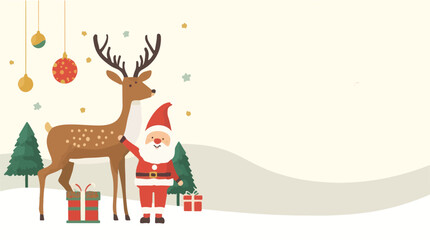 Vector illustration of a Christmas deer and Santa Claus in a flat design style, set against a clean and simple background, with the deer and Santa positioned