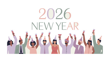 New Year's Eve 2026 Celebration: A vibrant and diverse group raises celebratory drinks in a joyful toast to welcome the New Year of 2026. This dynamic image embodies unity, optimism, and anticipation.