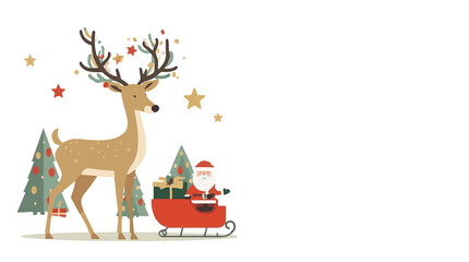 illustration of a Christmas deer and Santa Claus in a flat design style, set against a clean and simple background, with the deer and Santa positioned png Transparent 