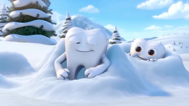 Cartoon teeth play hide and seek in the snow. Playful 3D animation for relatable dental clinic holiday content.