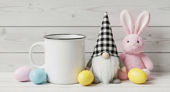 White enamel mug mockup with a charming gnome, a soft pink easter bunny, and pastel eggs on rustic wooden background, perfect for spring holiday designs.