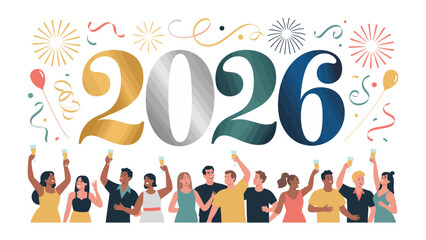 New Year's Eve 2026: A vibrant and diverse group gathers to celebrate the arrival of 2026,raising their glasses amidst festive confetti and fireworks