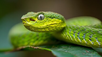 Vivid green reptile rests poised on natural foliage in a close up view