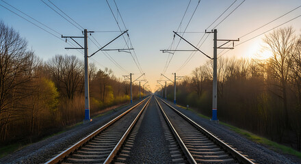 Obraz premium Endless Tracks Under Azure Skies A Train Journey Through Nature's Embrace