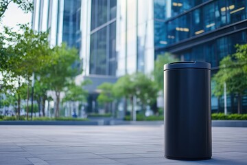 Urban trash bin in modern business district clean city environment street view waste management concept