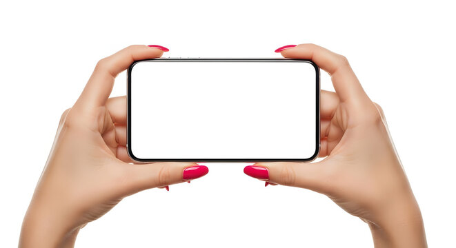 Woman s hands holding a smartphone with blank screen isolated on transparent background - Powered by Adobe