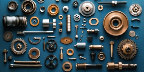 Diverse mechanical parts displayed on blue surface industrial setting high-quality close-up detailed view engineering concept