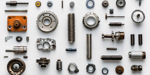 Industrial equipment parts display workshop setting aerial view metal components engineering concept