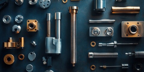 Precision engineering tools showcase industrial workshop high-resolution image organized workspace top-down view manufacturing concepts