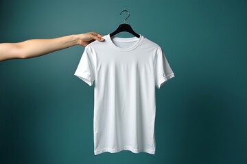 A persons hand holds up a blank white tshirt on a black hanger, presented against a dark teal studio background, perfect for showcasing custom designs, branding, or casual apparel mockups