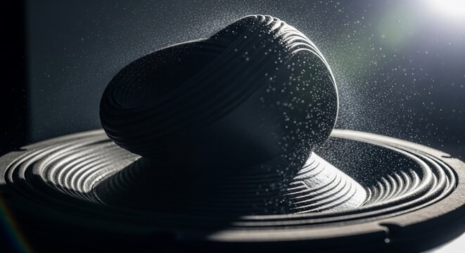 A close-up shot of a speaker cone vibrating intensely, causing fine particles to dance and form intricate patterns on its surface under dramatic lighting.