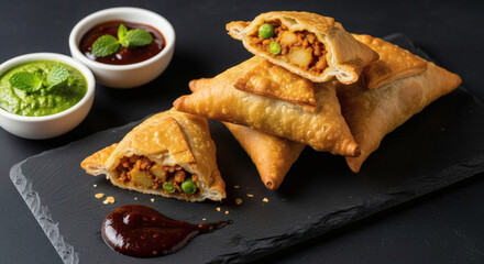 A stack of golden, triangular Samosas with a visible, flaky, crisp crust, served with vibrant green chutney and dark tamarind sauce. 