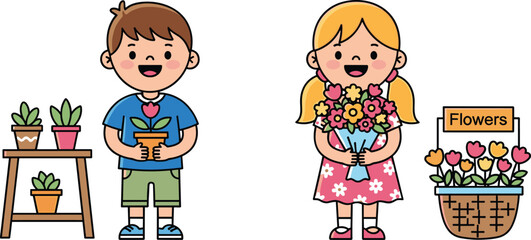 Cartoon flower scene, cheerful kids, bouquet and potted plant, gardening fun, nature love, spring vibes, colorful display, happy children, floral joy