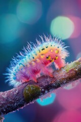 Colorful caterpillar on branch nature macro photography vibrant environment close-up insect life