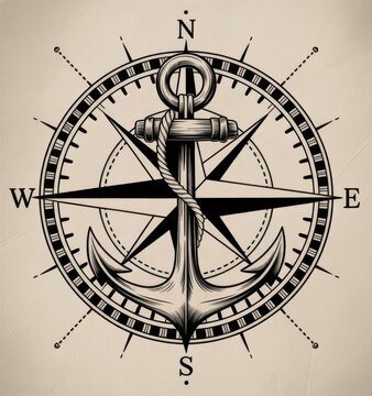 Anchor compass rose nautical vector drawing vintage style for tattoo or logo design concept