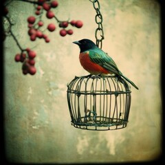 Colorful bird perched in vintage cage serene background nature photography artistic perspective captivating wildlife concept