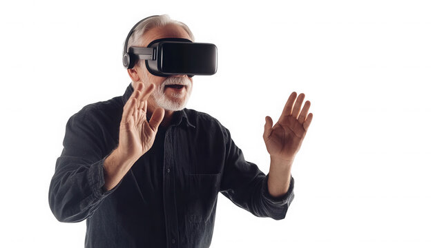 Man with virtual reality headset and hands raised in excitement on transparent background