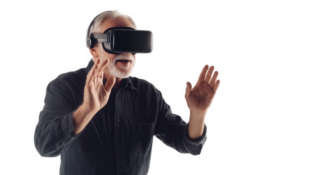 Man with virtual reality headset and hands raised in excitement on transparent background