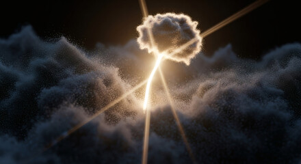 A single, radiant light filament (like a neural pathway or a thought) elegantly breaking through a dark, turbulent, abstract cloud of particles. 