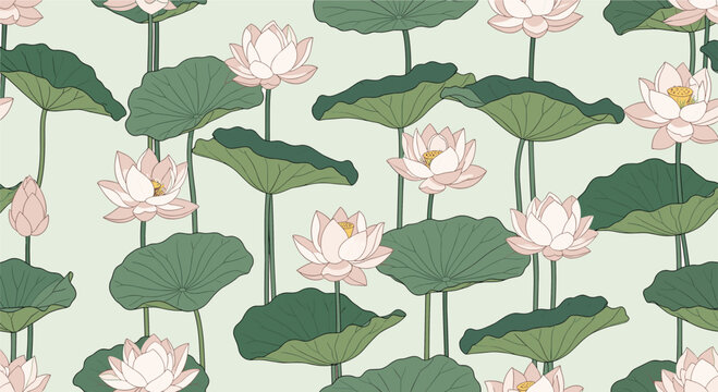 Elegant and serene seamless pattern of pink lotus flowers and large green lily pads on a tranquil light green-blue background.