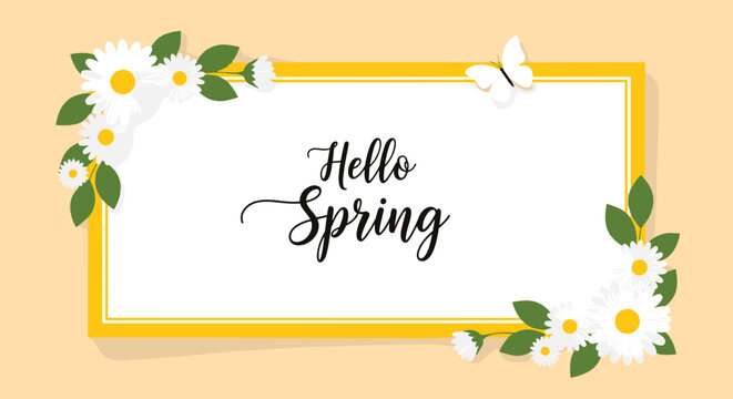 Elegant 'Hello Spring' greeting card with a yellow frame decorated with white daisy flowers, green leaves, and a small butterfly. - Powered by Adobe