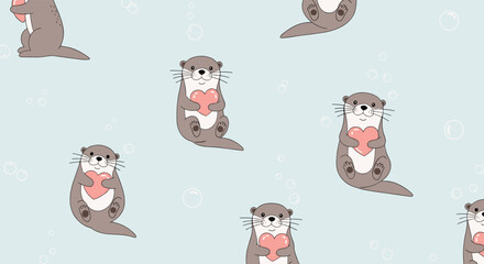 Adorable seamless pattern of cute cartoon otters holding pink hearts and floating amongst bubbles on a light blue background.
