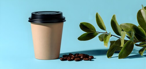 A tall disposable coffee cup with a black lid sits next to coffee beans and a green plant on a blue background