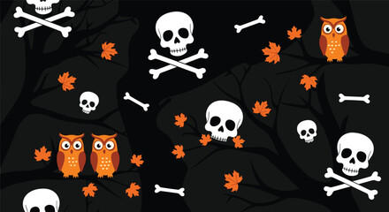 Dark and spooky seamless Halloween pattern with skulls and crossbones, owls, and autumn leaves set against a black forest silhouette.