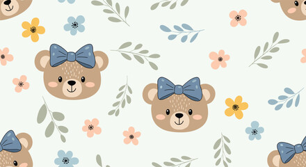 Obraz premium Adorable seamless pattern for children with cute teddy bear faces wearing blue bows, surrounded by small flowers and leaves.